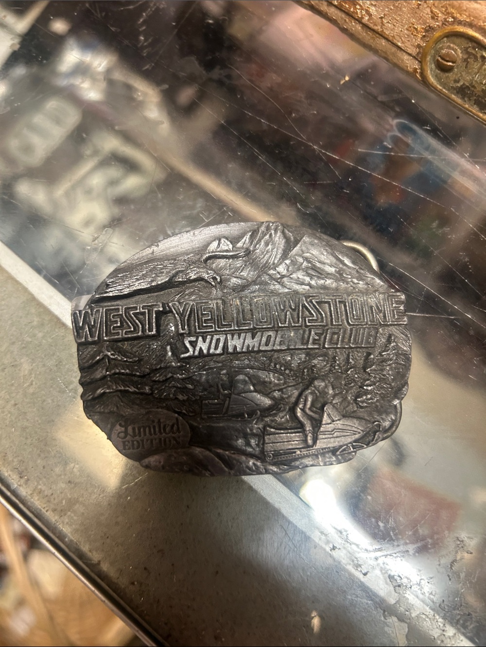 Vintage West Yellowstone Snowmobile Club Silver Belt Buckle